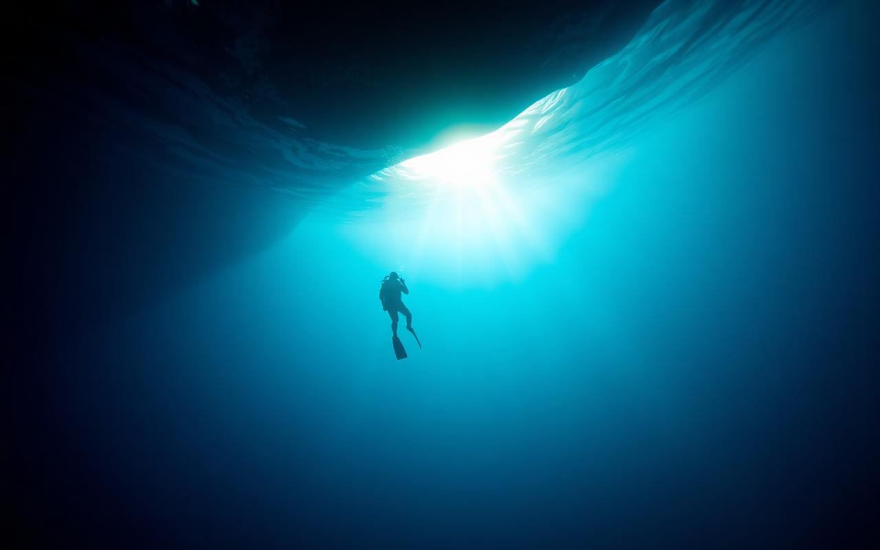 Diver descending into a deep ocean trench